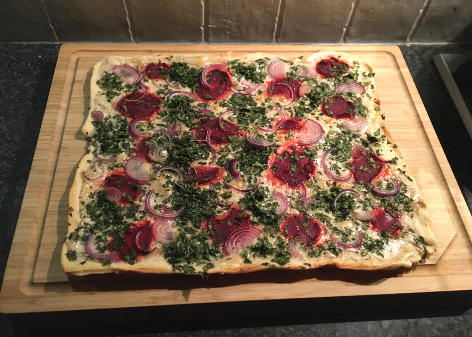 Vegan Tarte Flambée with Spinach and Beetroot